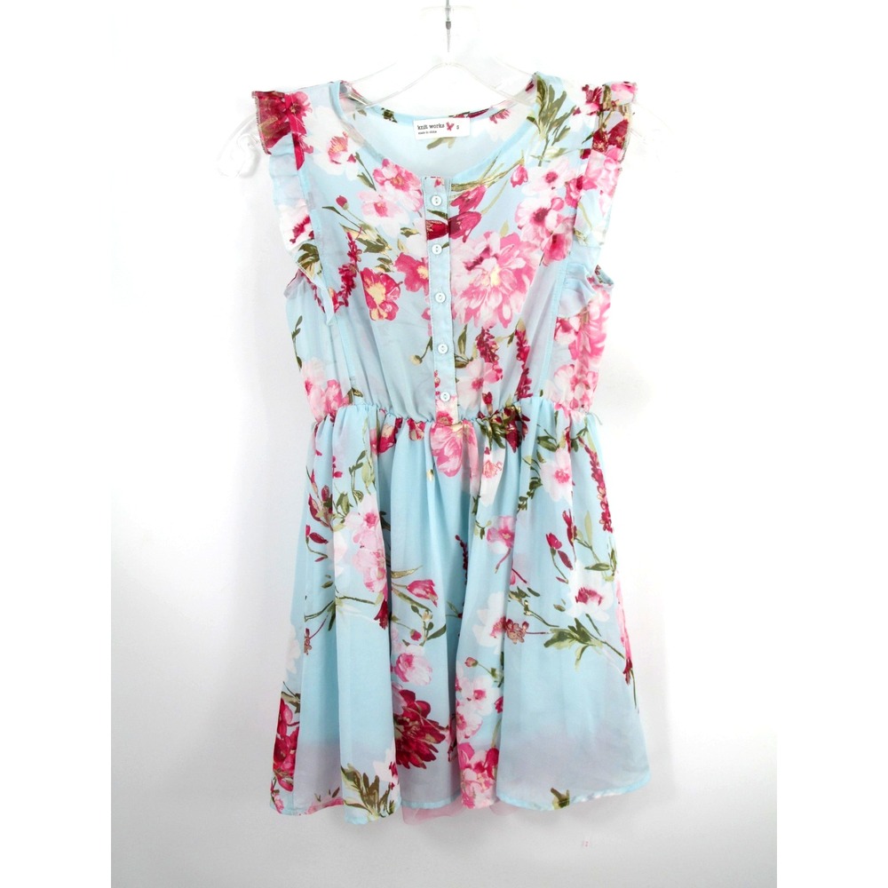 Knit Works Girls Small Blue Floral Fit Flare Dress Ruffle Sleeve Spring Playful